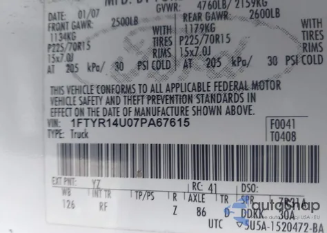 2007 Ford Ranger Sport/Stx/Xl/Xlt z USA, uszkodzony, nr VIN 1FTYR14U07PA67615